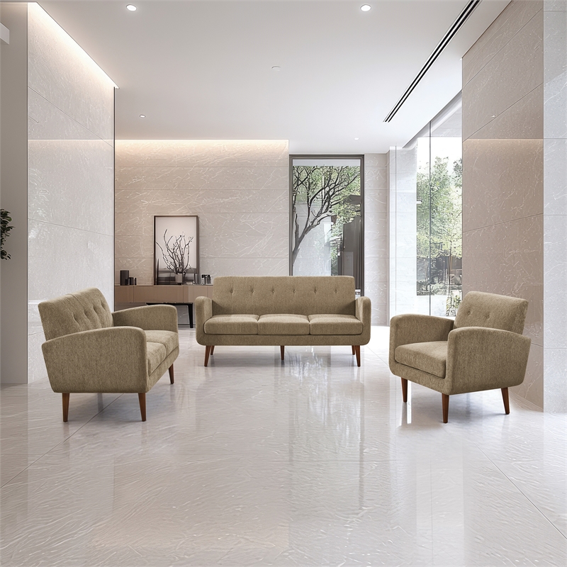 Pemberly Row Loveseat in Taupe Fabric with Medium Espresso Finished Legs