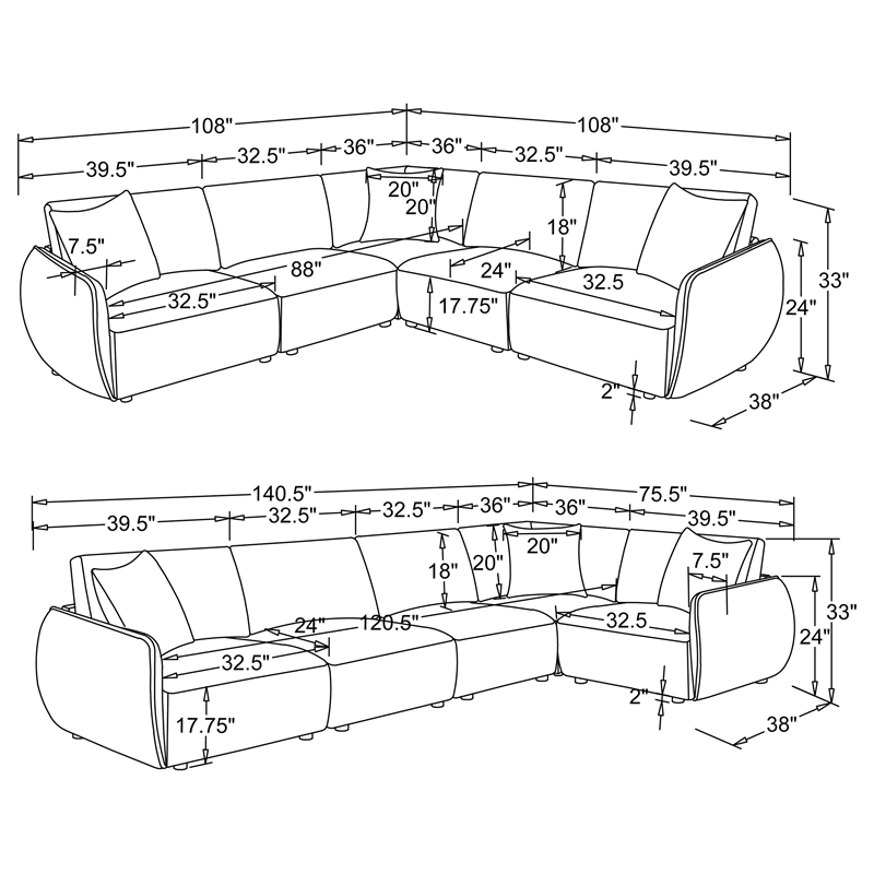 Pemberly Row 5-Piece Chenille Upholstered Modular Sectional Sofa in Coral