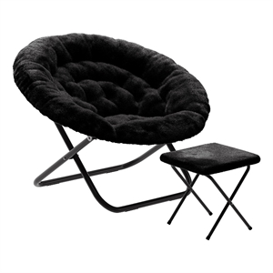 Pemberly Row Folding XL Faux Fur Saucer Chair with Ottoman in Black/Black