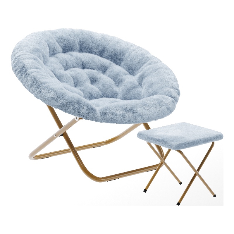 Pemberly Row Folding XL Faux Fur Saucer Chair with Ottoman in Aqua/Soft Gold