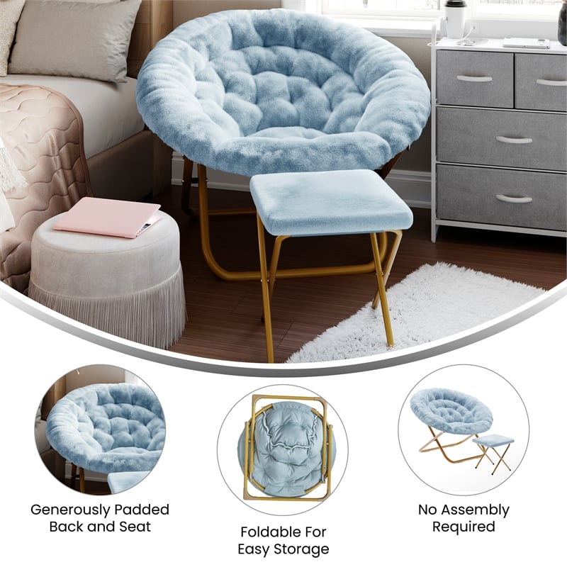 Pemberly Row Folding XL Faux Fur Saucer Chair with Ottoman in Aqua/Soft Gold