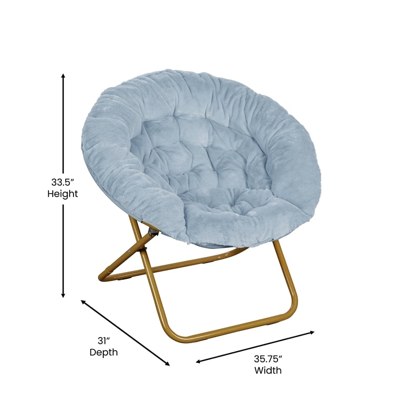 Pemberly Row Folding XL Faux Fur Saucer Chair with Ottoman in Aqua/Soft Gold