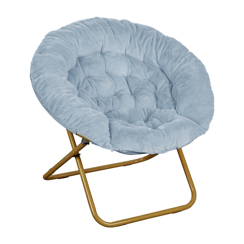 Pemberly Row Folding XL Faux Fur Saucer Chair with Ottoman in Aqua/Soft Gold