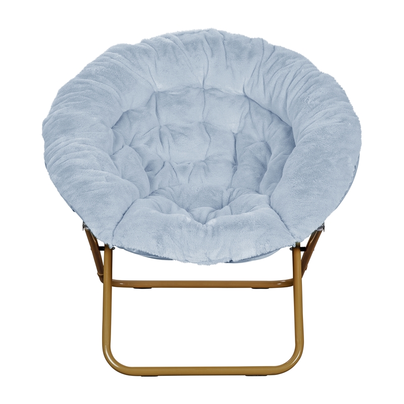 Pemberly Row Folding XL Faux Fur Saucer Chair with Ottoman in Aqua/Soft Gold