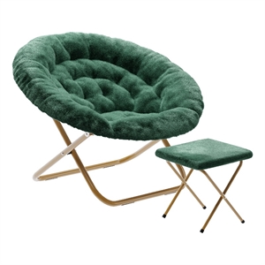 Pemberly Row Folding XL Faux Fur Saucer Chair with Ottoman in Emerald/Soft Gold