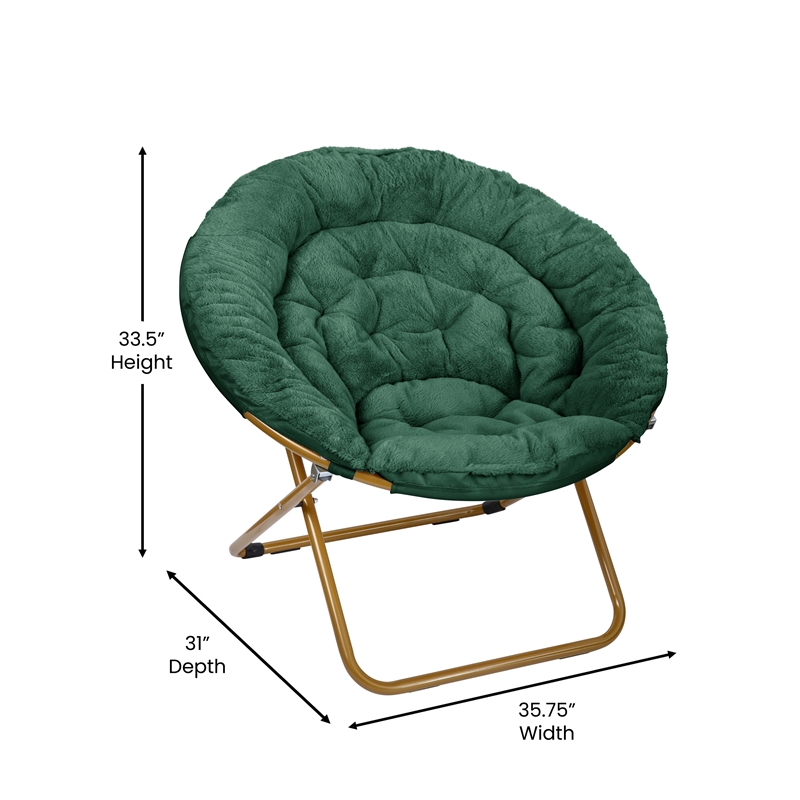 Pemberly Row Folding XL Faux Fur Saucer Chair with Ottoman in Emerald/Soft Gold