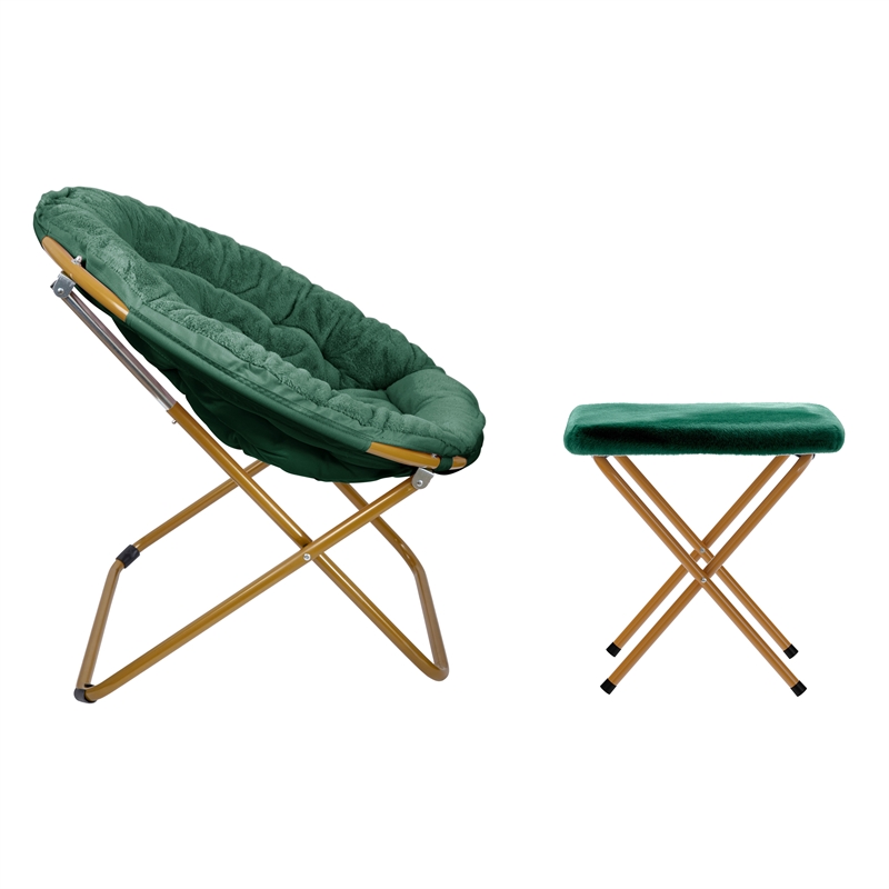 Pemberly Row Folding XL Faux Fur Saucer Chair with Ottoman in Emerald/Soft Gold
