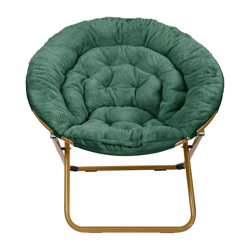 Pemberly Row Folding XL Faux Fur Saucer Chair with Ottoman in Emerald/Soft Gold