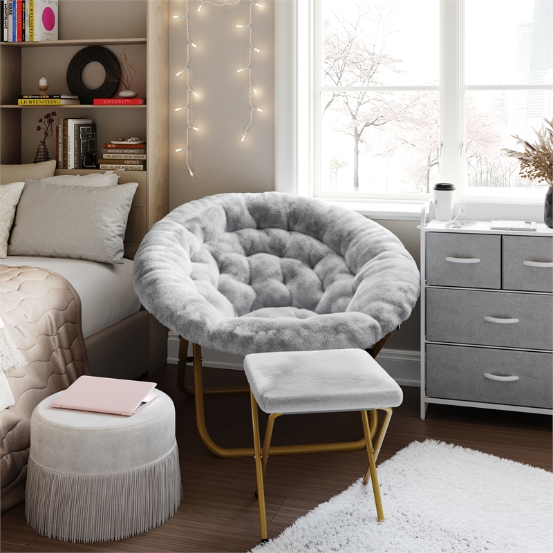 Pemberly Row Folding XL Faux Fur Saucer Chair with Ottoman in Gray/Soft Gold
