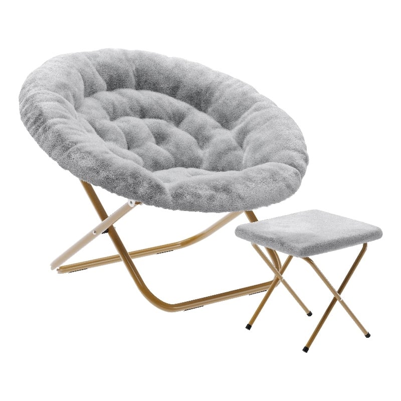 Pemberly Row Folding XL Faux Fur Saucer Chair with Ottoman in Gray/Soft Gold