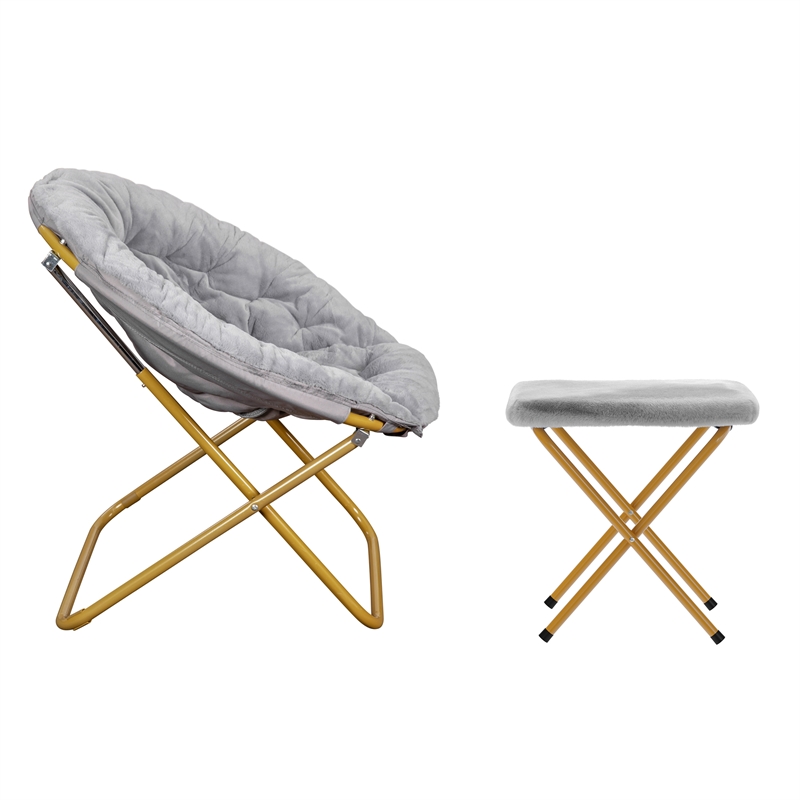 Pemberly Row Folding XL Faux Fur Saucer Chair with Ottoman in Gray/Soft Gold