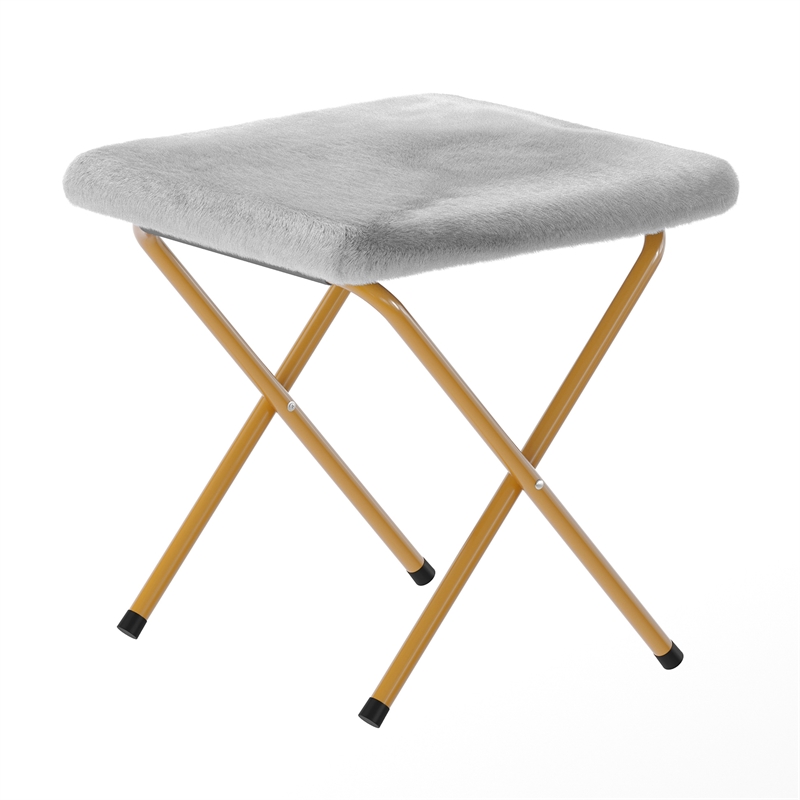 Pemberly Row Folding XL Faux Fur Saucer Chair with Ottoman in Gray/Soft Gold