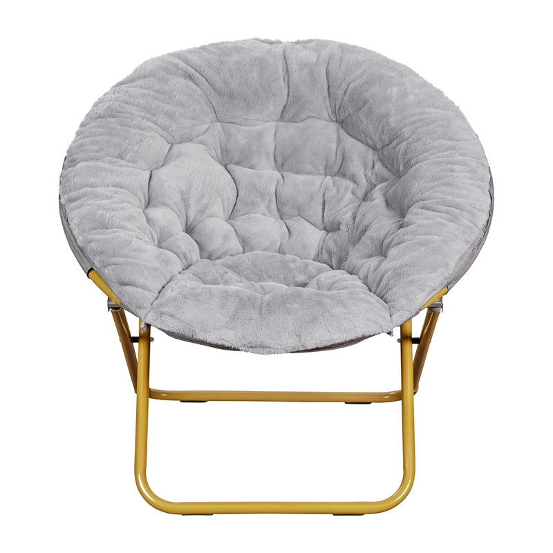 Pemberly Row Folding XL Faux Fur Saucer Chair with Ottoman in Gray/Soft Gold