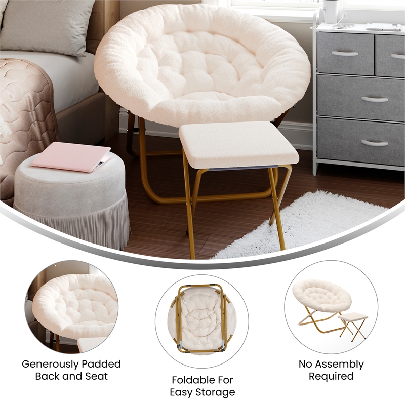 Pemberly Row Folding XL Faux Shearling Saucer Chair with Ottoman in Ivory/Gold