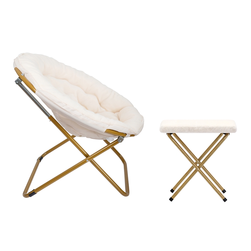Pemberly Row Folding XL Faux Shearling Saucer Chair with Ottoman in Ivory/Gold