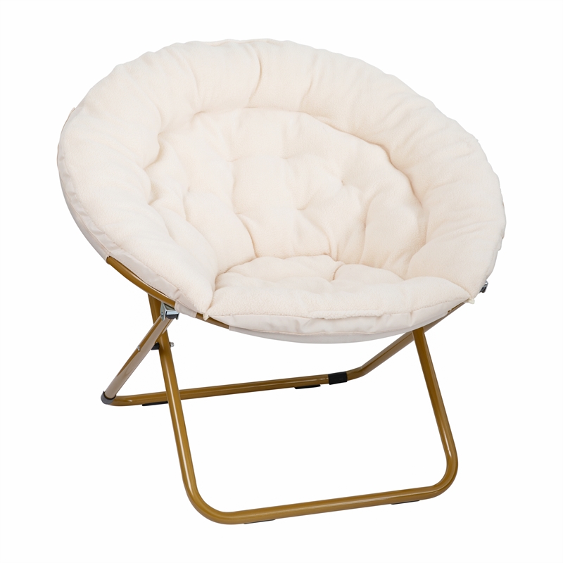 Pemberly Row Folding XL Faux Shearling Saucer Chair with Ottoman in Ivory/Gold