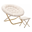 Pemberly Row Folding XL Faux Shearling Saucer Chair with Ottoman in Ivory/Gold