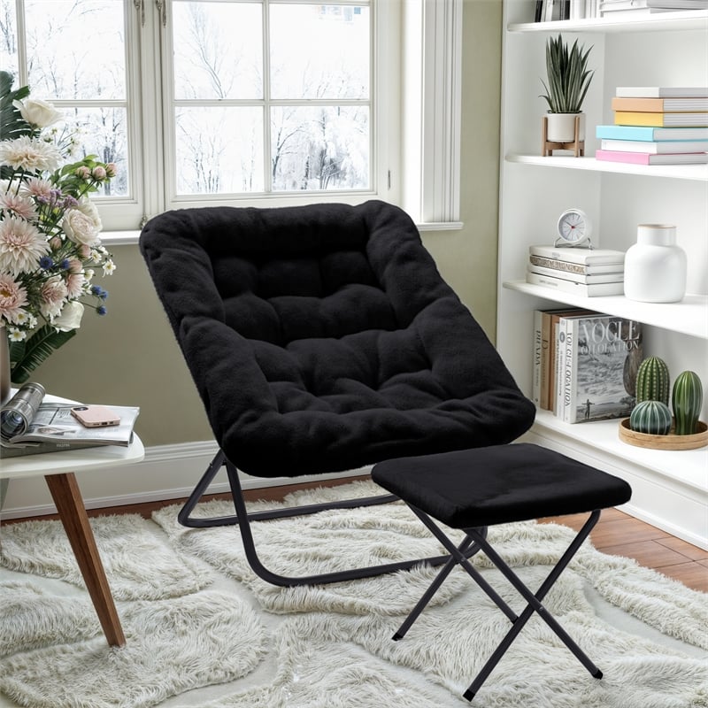 Pemberly Row Oversized Folding Faux Fur Saucer Chair with Ottoman in Black/Black