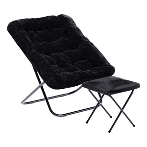 Pemberly Row Oversized Folding Faux Fur Saucer Chair with Ottoman in Black/Black