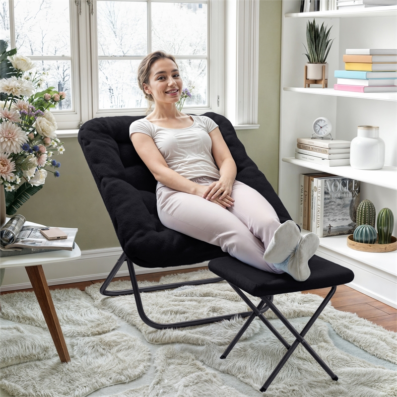 Pemberly Row Oversized Folding Faux Fur Saucer Chair with Ottoman in Black/Black