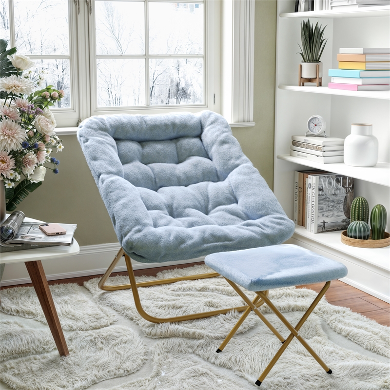 Pemberly Row Folding Faux Fur Saucer Chair with Ottoman in Dusty Aqua/Soft Gold