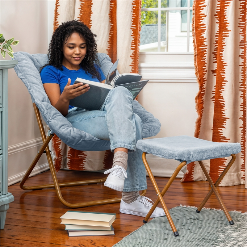 Pemberly Row Folding Faux Fur Saucer Chair with Ottoman in Dusty Aqua/Soft Gold