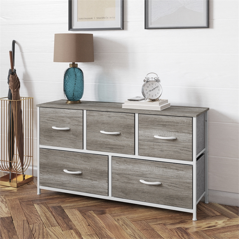 Pemberly Row 5 Drawer Dresser with Natural Wood Top and White Iron Frame