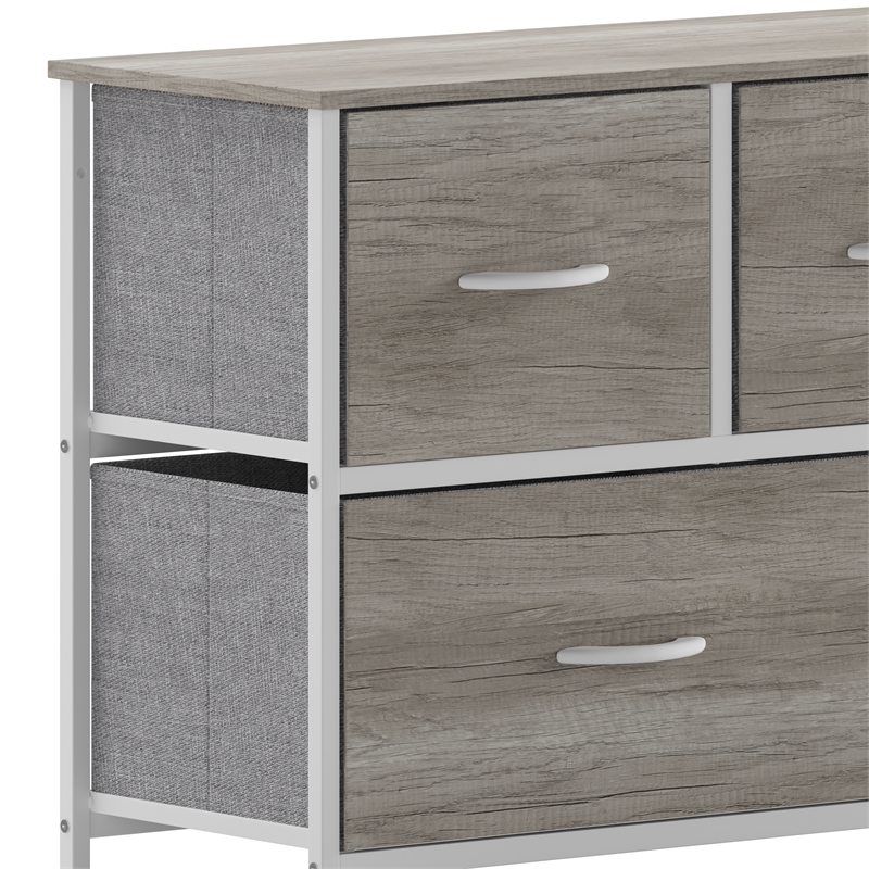 Pemberly Row 5 Drawer Dresser with Natural Wood Top and White Iron Frame