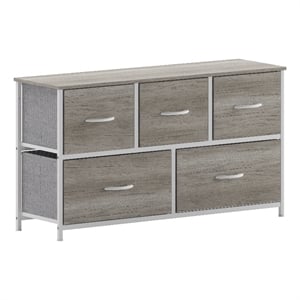 Pemberly Row 5 Drawer Dresser with Natural Wood Top and White Iron Frame