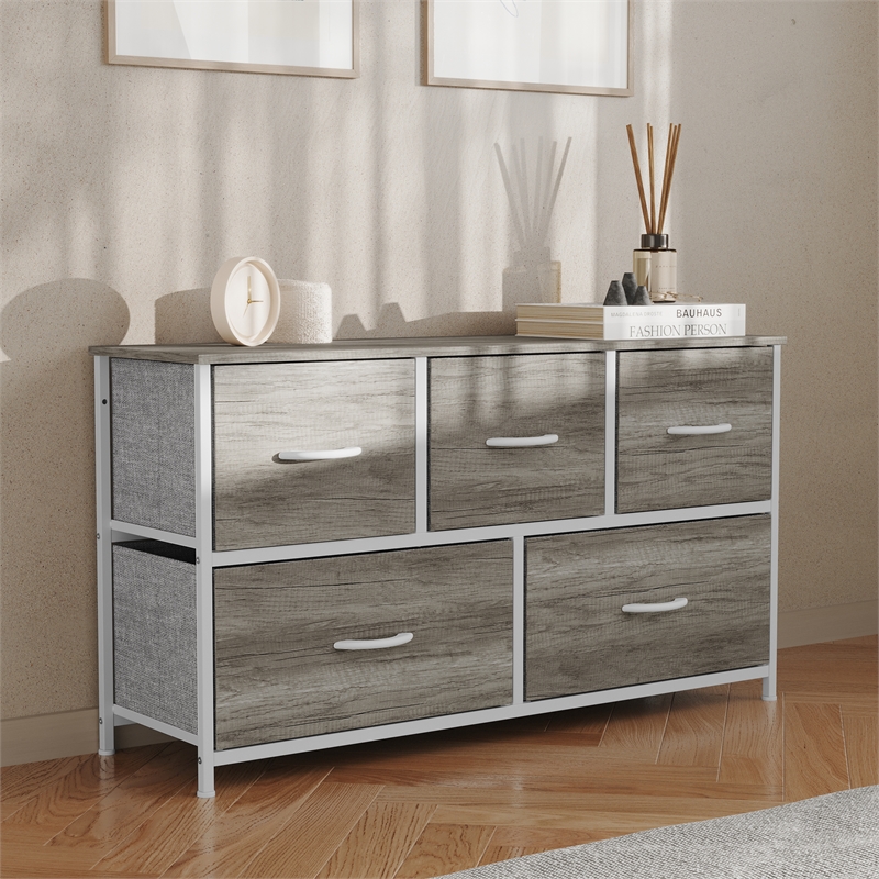 Pemberly Row 5 Drawer Dresser with Natural Wood Top and White Iron Frame