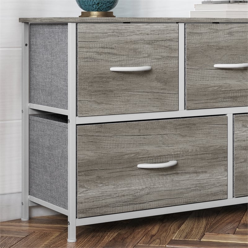 Pemberly Row 5 Drawer Dresser with Natural Wood Top and White Iron Frame