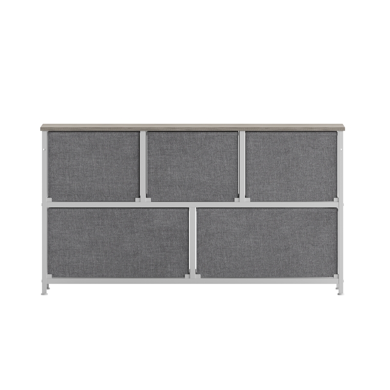 Pemberly Row 5 Drawer Dresser with Natural Wood Top and White Iron Frame