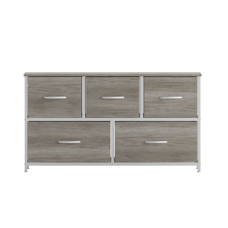 Pemberly Row 5 Drawer Dresser with Natural Wood Top and White Iron Frame
