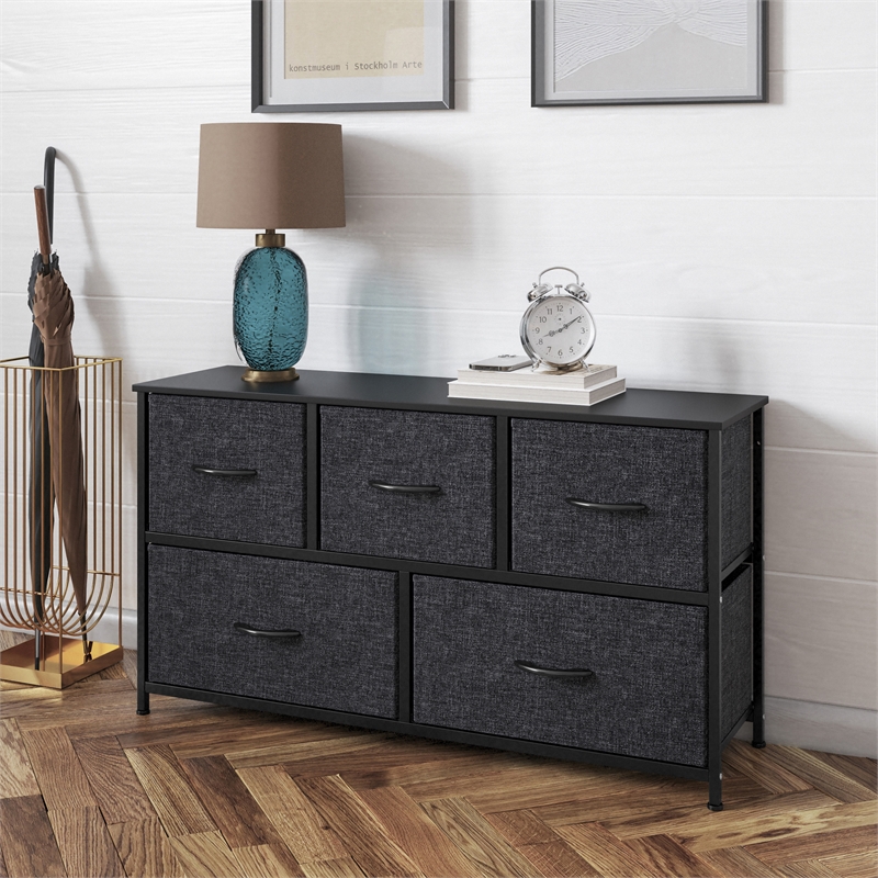 Pemberly Row 5 Drawer Dresser with Black Wood Top and Black Iron Frame