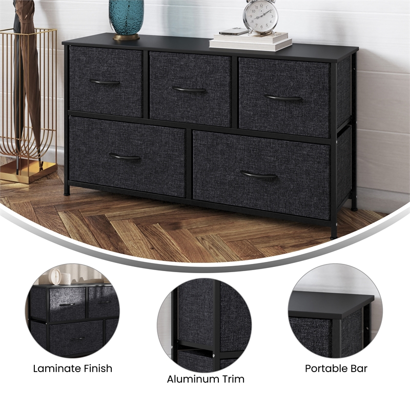 Pemberly Row 5 Drawer Dresser with Black Wood Top and Black Iron Frame