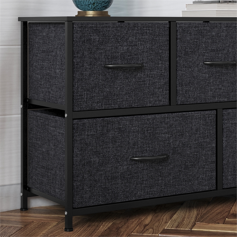 Pemberly Row 5 Drawer Dresser with Black Wood Top and Black Iron Frame