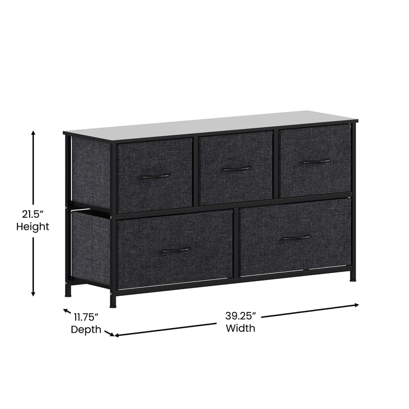 Pemberly Row 5 Drawer Dresser with Black Wood Top and Black Iron Frame
