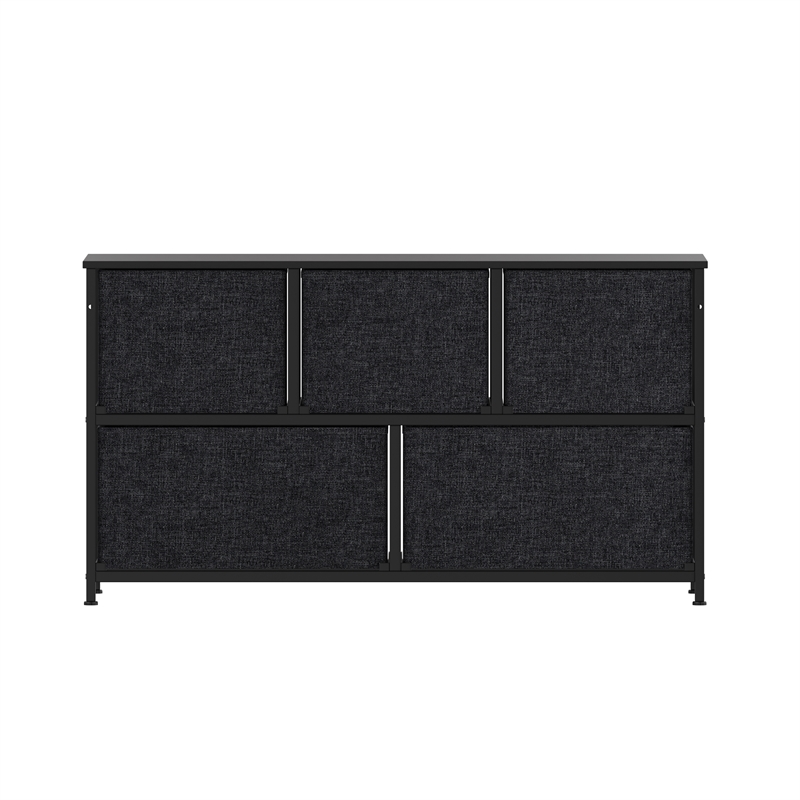 Pemberly Row 5 Drawer Dresser with Black Wood Top and Black Iron Frame