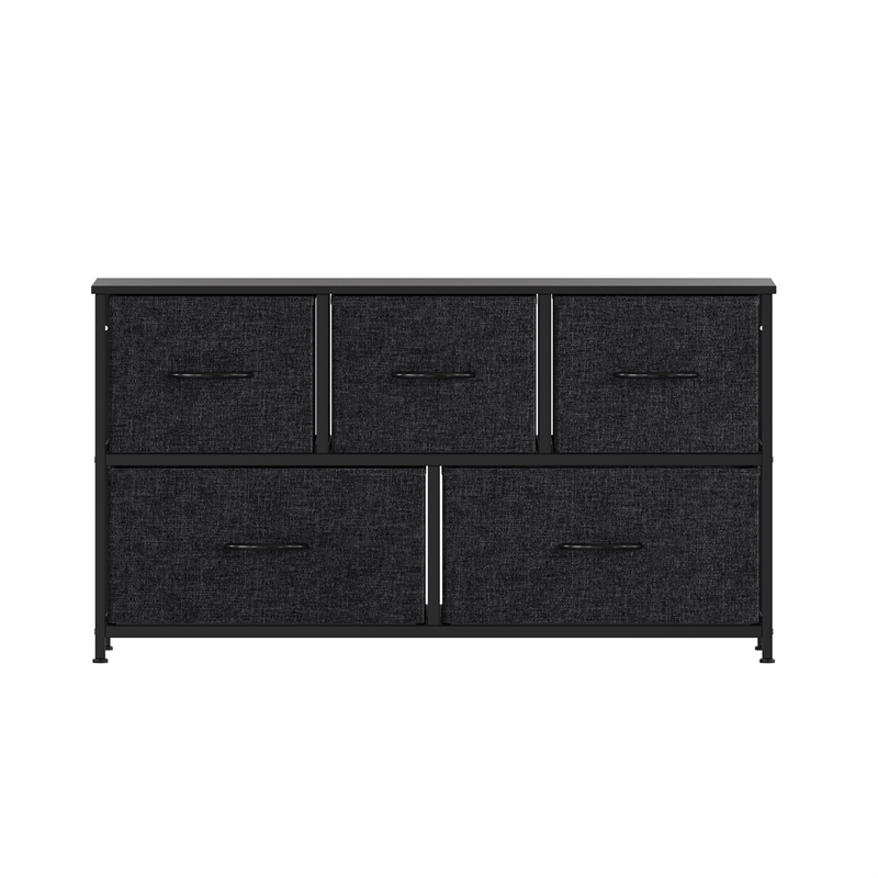 Pemberly Row 5 Drawer Dresser with Black Wood Top and Black Iron Frame