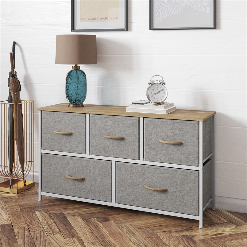 Pemberly Row 5 Drawer Dresser with Oak Wood Top and White Iron Frame