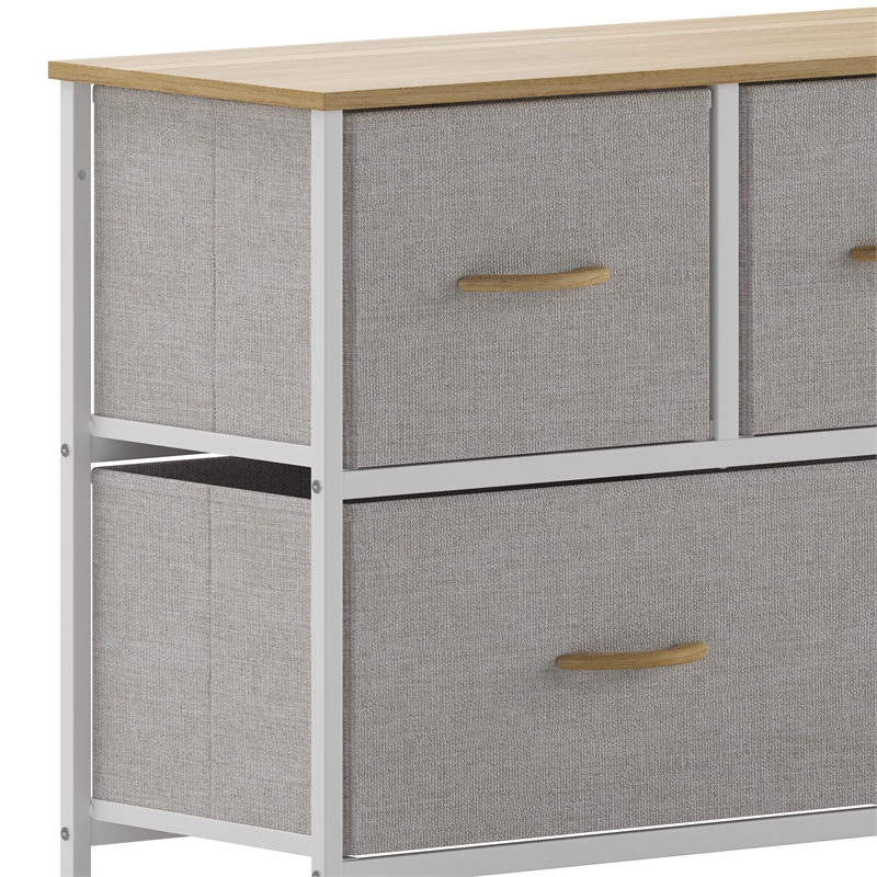Pemberly Row 5 Drawer Dresser with Oak Wood Top and White Iron Frame