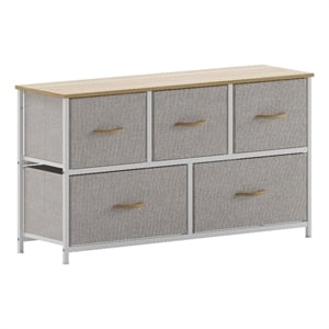 Pemberly Row 5 Drawer Dresser with Oak Wood Top and White Iron Frame