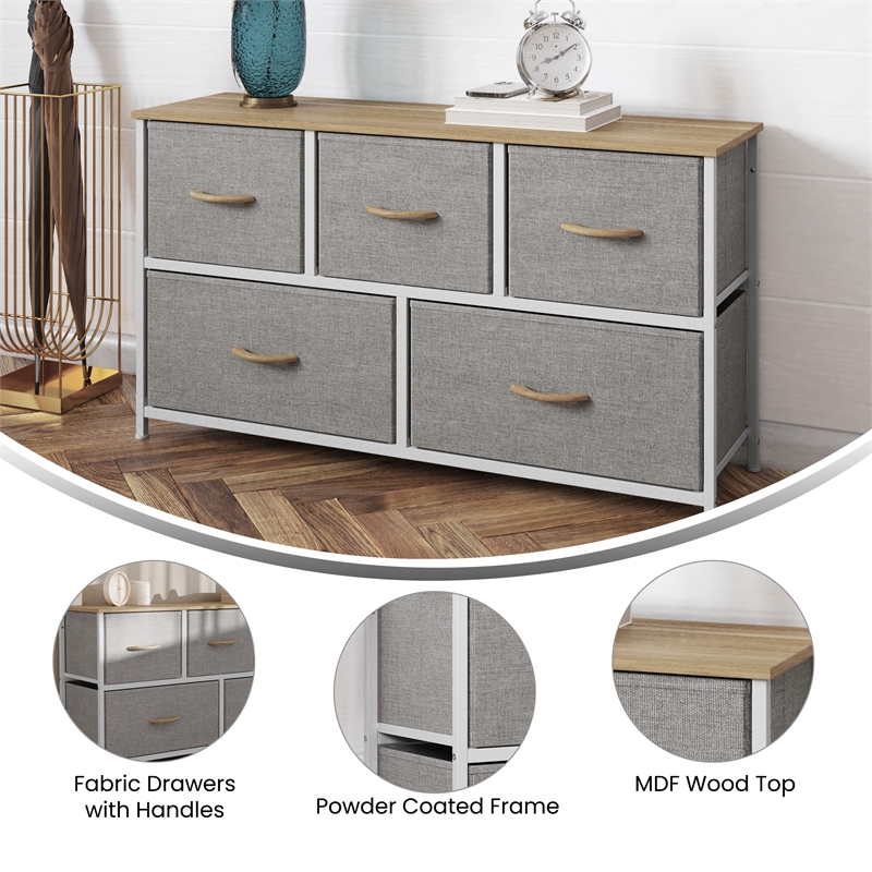 Pemberly Row 5 Drawer Dresser with Oak Wood Top and White Iron Frame