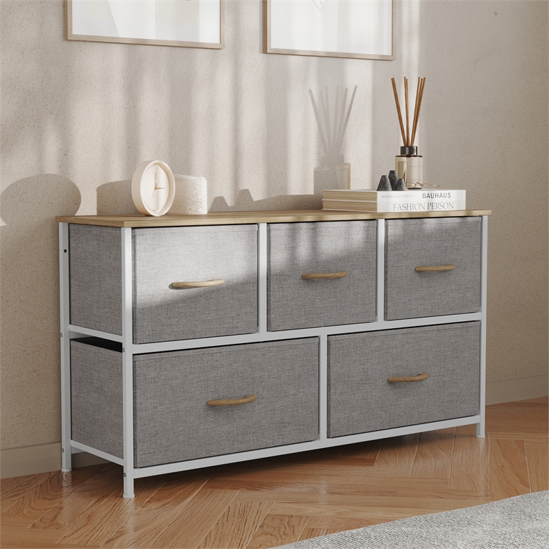 Pemberly Row 5 Drawer Dresser with Oak Wood Top and White Iron Frame