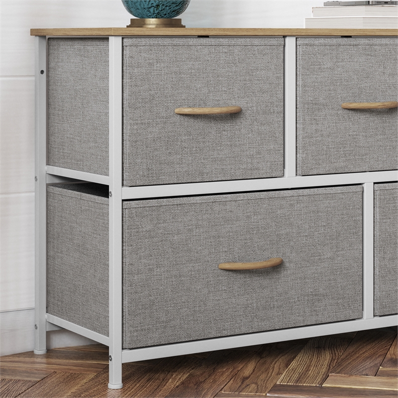 Pemberly Row 5 Drawer Dresser with Oak Wood Top and White Iron Frame