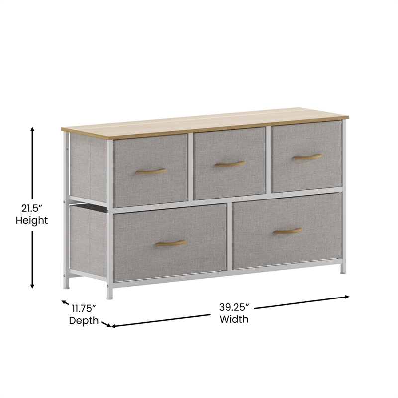 Pemberly Row 5 Drawer Dresser with Oak Wood Top and White Iron Frame