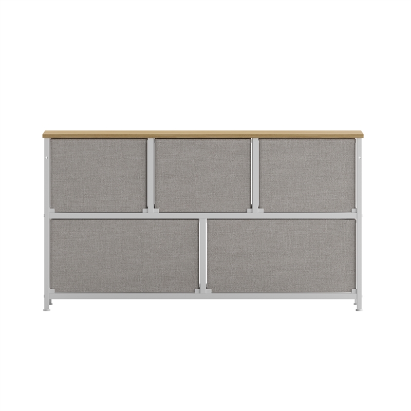 Pemberly Row 5 Drawer Dresser with Oak Wood Top and White Iron Frame