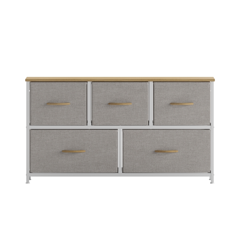 Pemberly Row 5 Drawer Dresser with Oak Wood Top and White Iron Frame