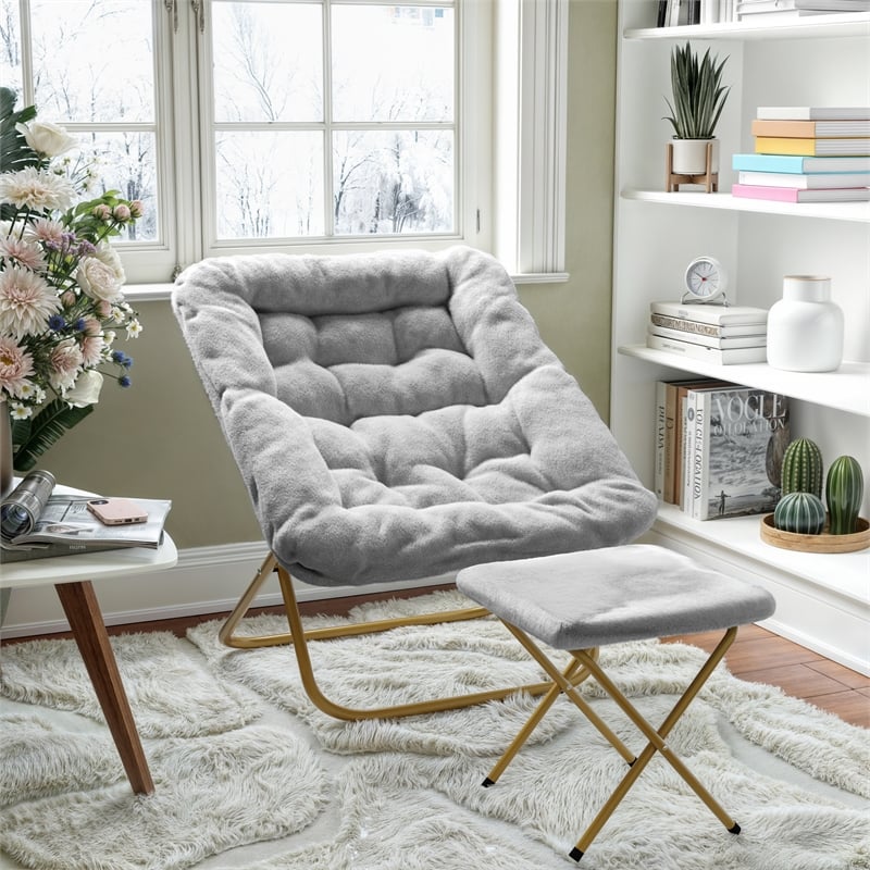 Pemberly Row Oversized Folding Faux Fur Saucer Chair with Ottoman in Gray/Gold