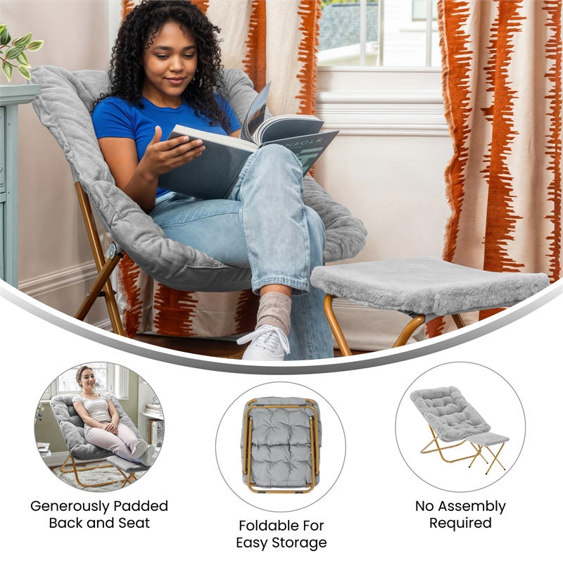 Pemberly Row Oversized Folding Faux Fur Saucer Chair with Ottoman in Gray/Gold